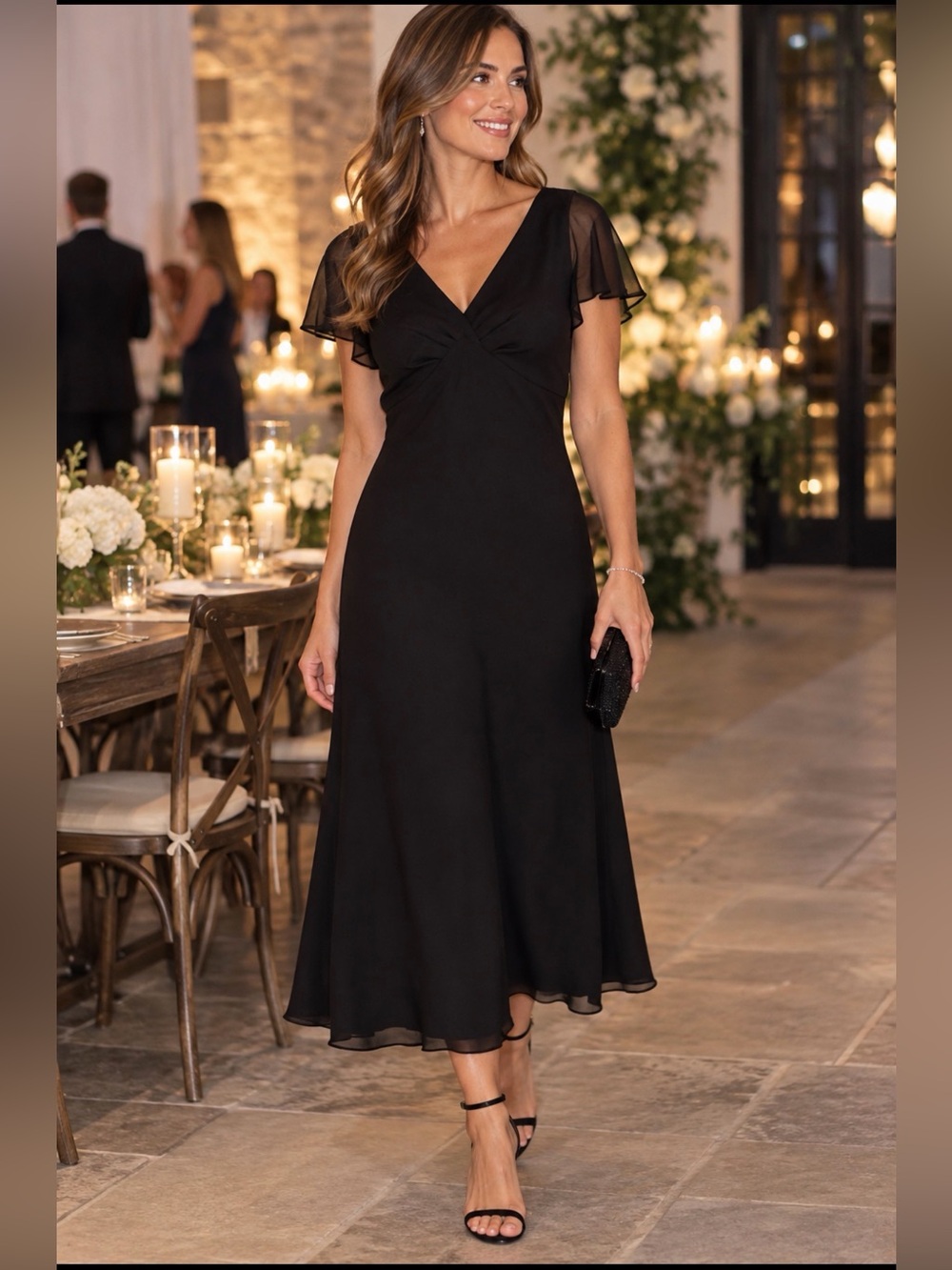 Jones Wear Black V-Neck Midi Dress with Flutter Sleeves